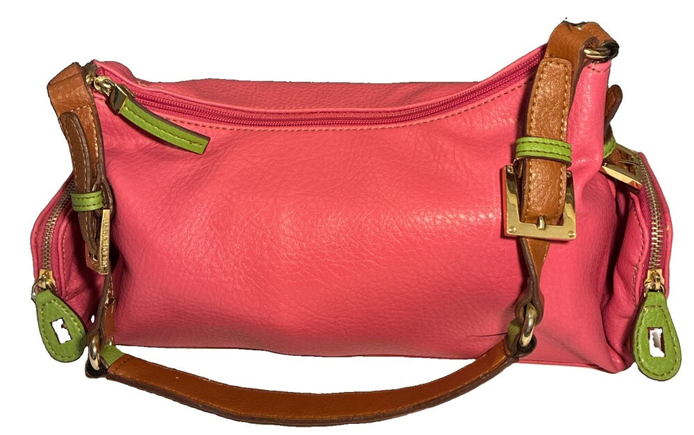 Liz Claiborne Pink And Green Bag With Brown Strap And Gold Accessories Vintage